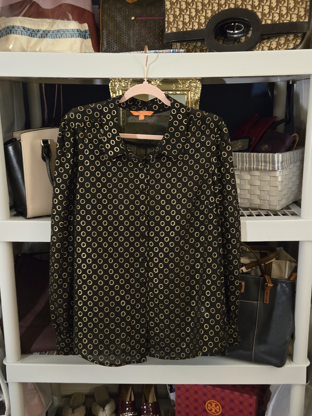 ModCloth Black Button-Down Shirt with Gold Circle Print